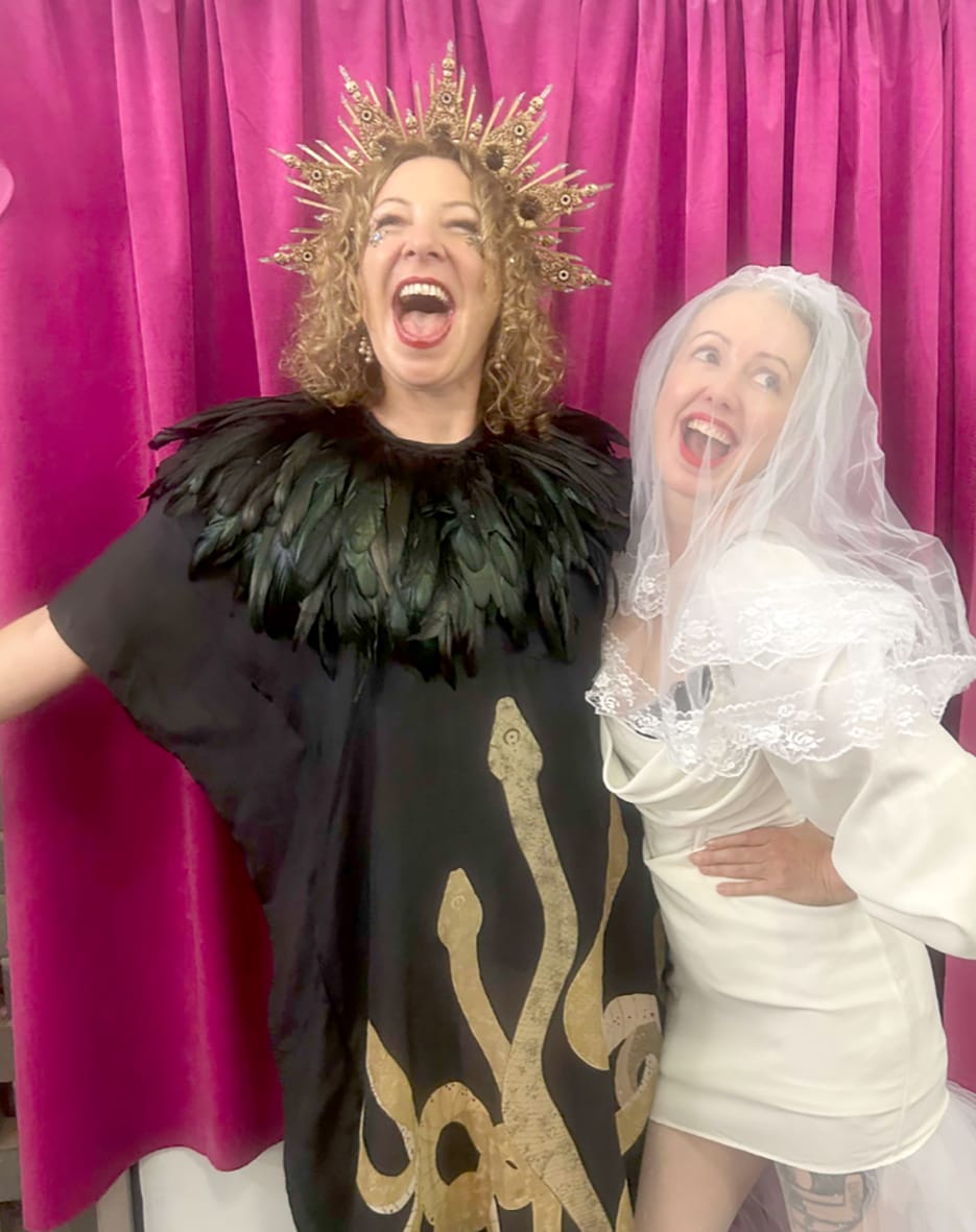 The fun “Marry Your Friend” ceremonies held at the Charlton Hall were a big hit with participants, as hair and make-up stylists added to the glamour of the moment. Pictured Emilie Zoey Baker and Marieke Hardy (photo courtesy Marieke Hardy).