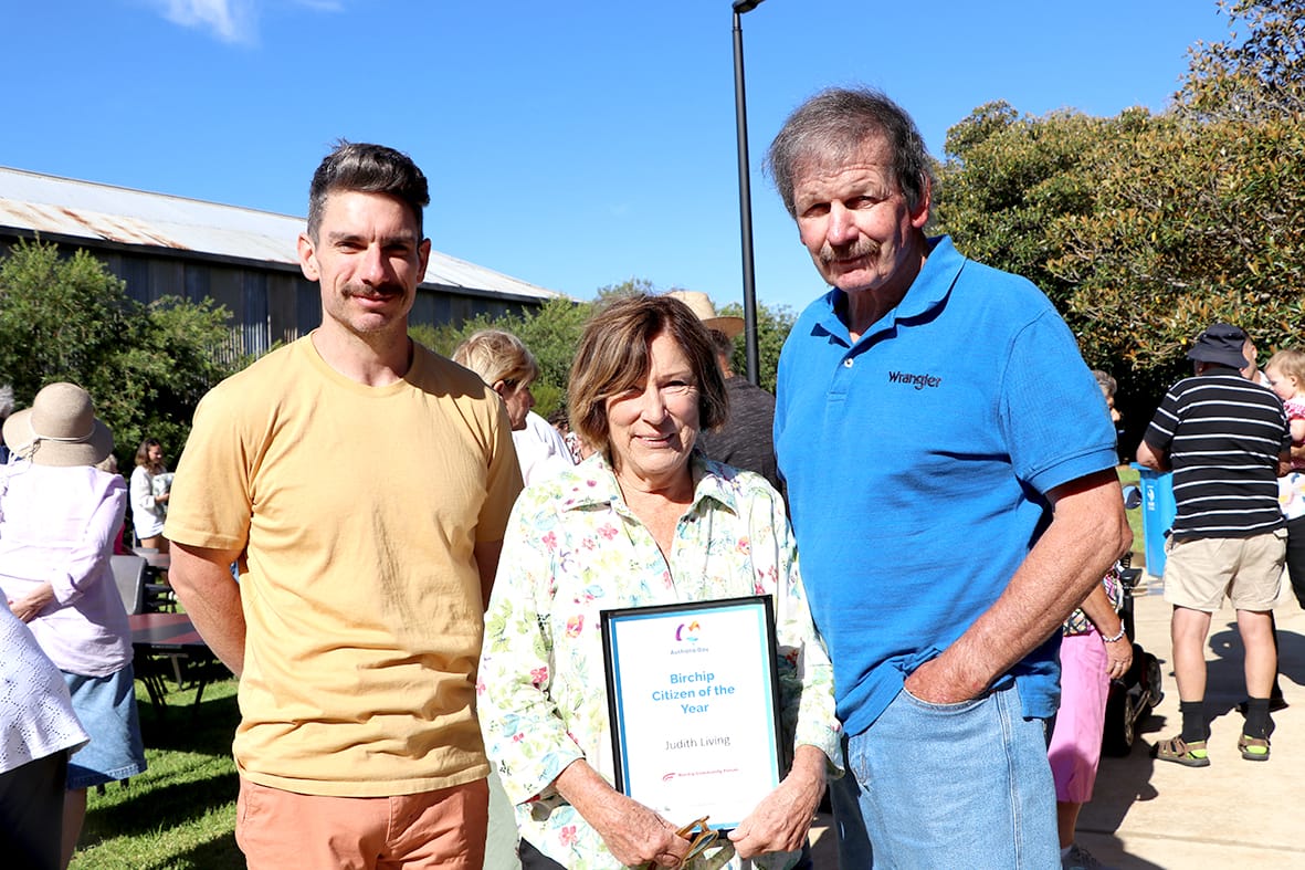 Birchip Citizen of the Year Judy Living (centre) with son Felix (left) and husband Gary (right).