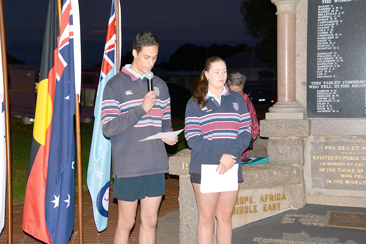 At the Donald Cenotaph, wreaths were laid by Donald High School captains, Abby Griffiths and Texas Davis. Pictured are school vice-captains, Indy Gill and Tiarnah Hepworth, reading poems during the service.