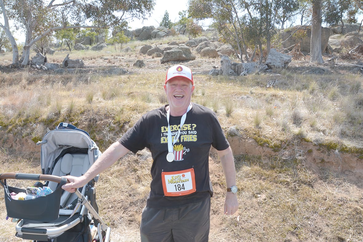 Dimboola’s Darryl Wren looks far too pleased to have come last in the Masters Men’s Mountain Dash, but was simply thrilled to finish the race, no matter how long it took him. And he took time in choosing a shirt that appropriately reflected his sentiments, which says: “Exercise? I thought you said EXTRA FRIES!”