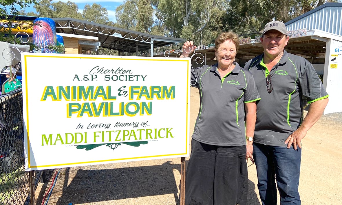 Show president, Billy Fitzpatrick, and secretary, Wendy Laffin, are pictured with the newly installed pavilion plaque in memory of Maddi Fitzpatrick. 