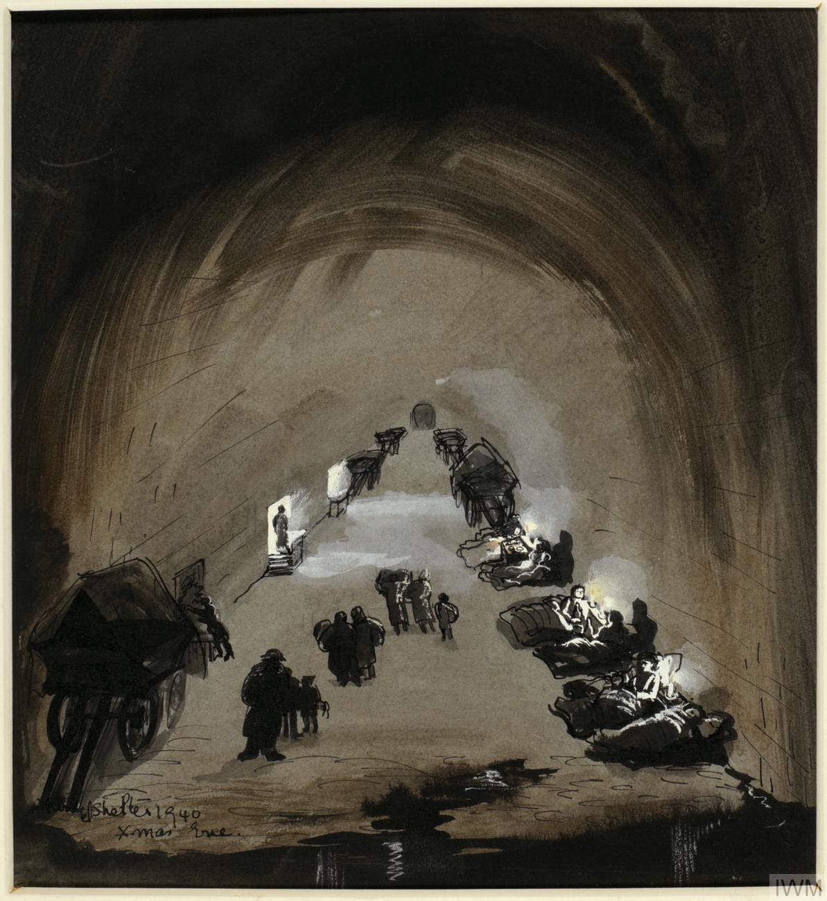 A Shelter in Camden Town under a Brewery: Christmas Eve, 1940, by Olga Lehmann. Christmas 1940 took place in the middle of the Blitz. Between September and November London had been bombed for 57 consecutive nights. The bombing campaign showed no signs of abating as Christmas Day approached, so many people spent Christmas Eve in an air-raid shelter. (Image sourced from Imperial War Museums). 