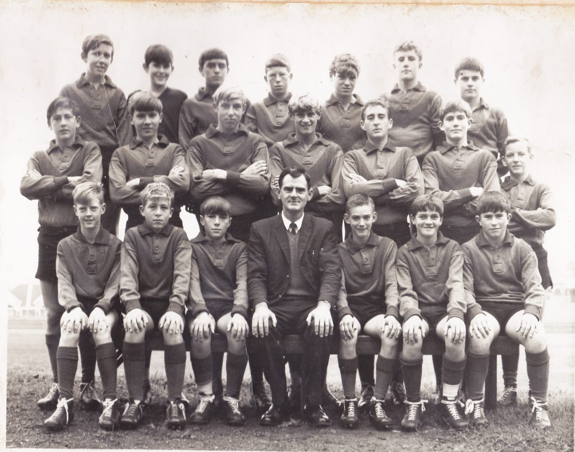 North-Central Football League’s Under-15 team, Schools’ Carnival, Melbourne, 1968: Back row, left to right, Geoff Brown (Donald), John Weekley (St. Arnaud), Barry Rafferty (St. Arnaud), Geoff Thompson (Charlton), Ronald Dunstan (Donald), Rodney Griffith (St. Arnaud), Kevin Darcy (Donald). Middle row: Bernie Kennedy (Wycheproof-Narraport), Ray Lister (St. Arnaud), Lindsay Heffer (captain, Wycheproof-Narraport), Doug Male (vice-captain, Donald), Michael Long (St. Arnaud), Merv Keane (Wycheproof-Narraport), Robert White (Wycheproof-Narraport). Front row: Chris Pole (St. Arnaud), Laurence Young (Donald), Mervyn Dyke (St. Arnaud), Frank O’Shea (coach), Ian Robinson (St. Arnaud), Colin Cullen (Watchem-Corack), Mick Spicer (Watchem-Corack).