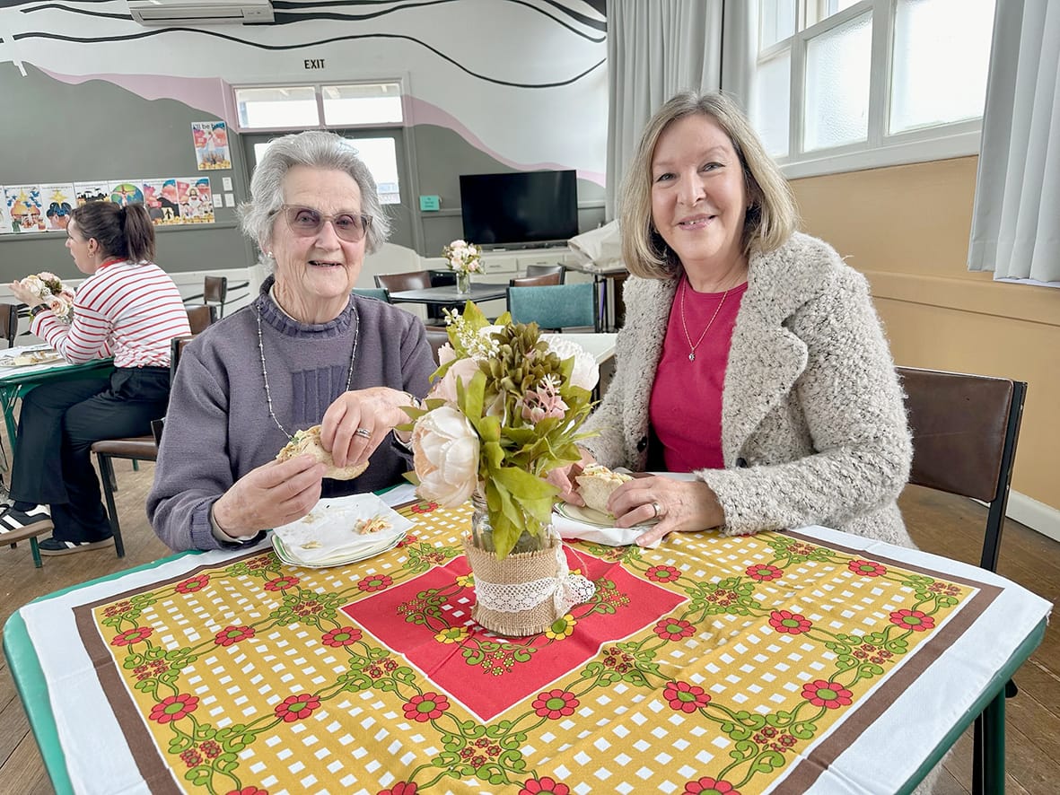Taking a break from a busy day of shopping were Bev and Lyn Gilmour, stopping for lunch at the VRI Hall. (Photo by Jodie Drake).