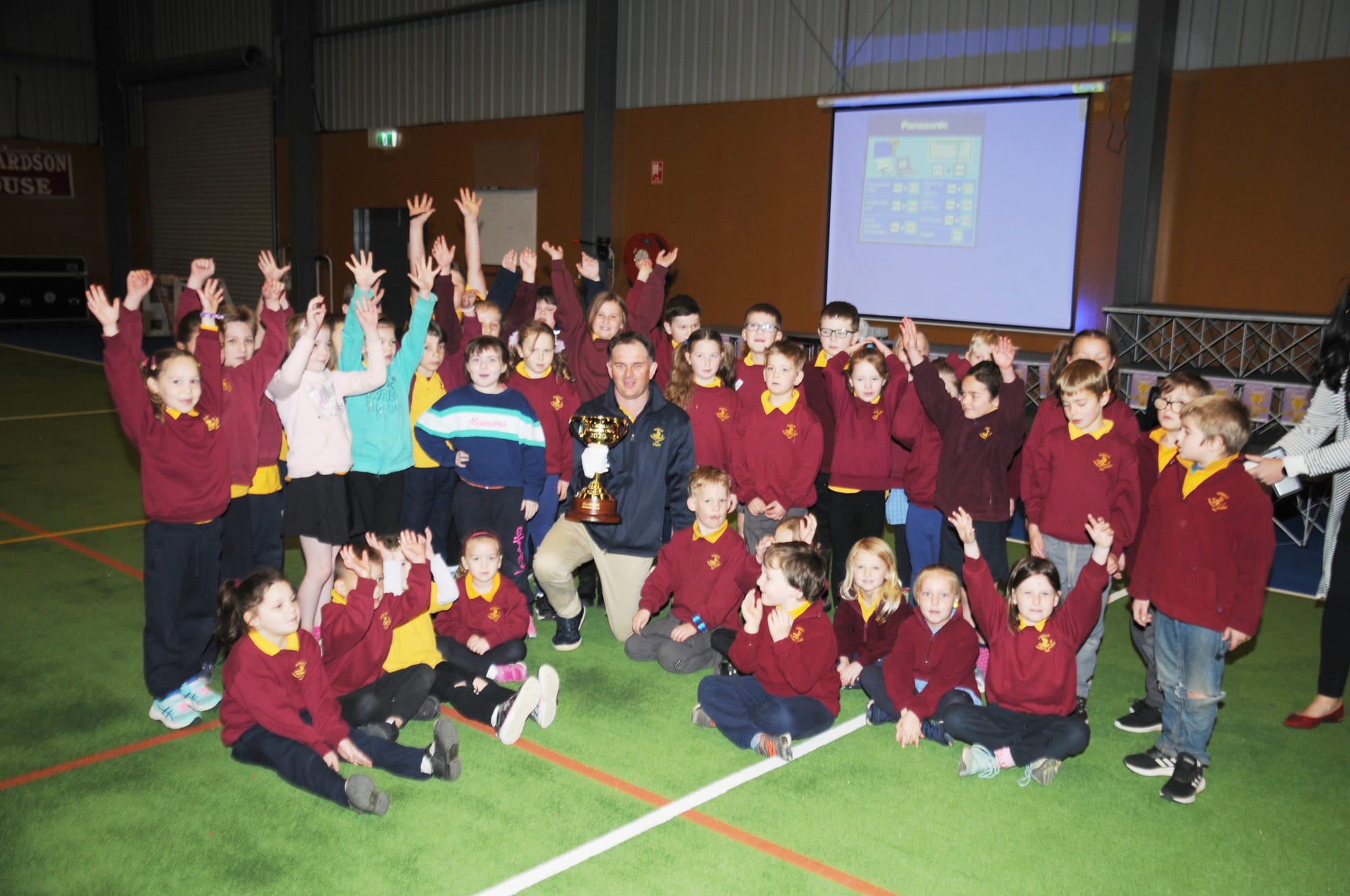 Donald Primary school students and principal Gavin Young, with the 2020 Lexus Melbourne Cup.