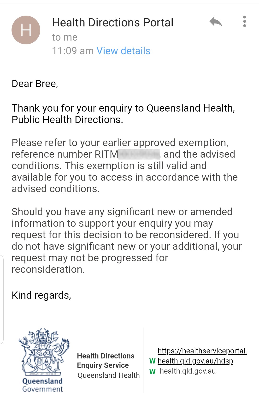 The very vague response I received about my Queensland border exemption application after including the letter of support from my oncologist.
