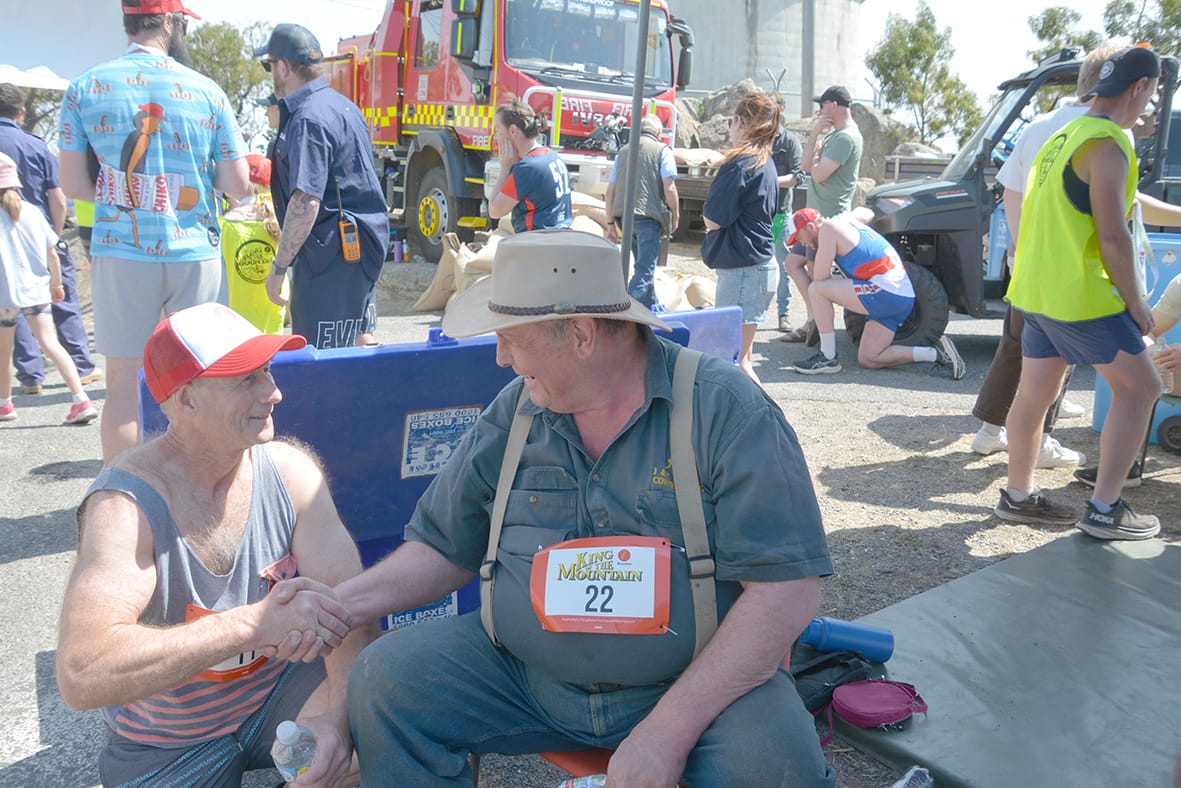Proving it’s not just for the young fellas, Traralgon’s Jim Stevenson (left) at 61 years of age and Kyabram’s John Russell (right, 59) congratulating each other for their successful completion of the taxing King of the Mount race.