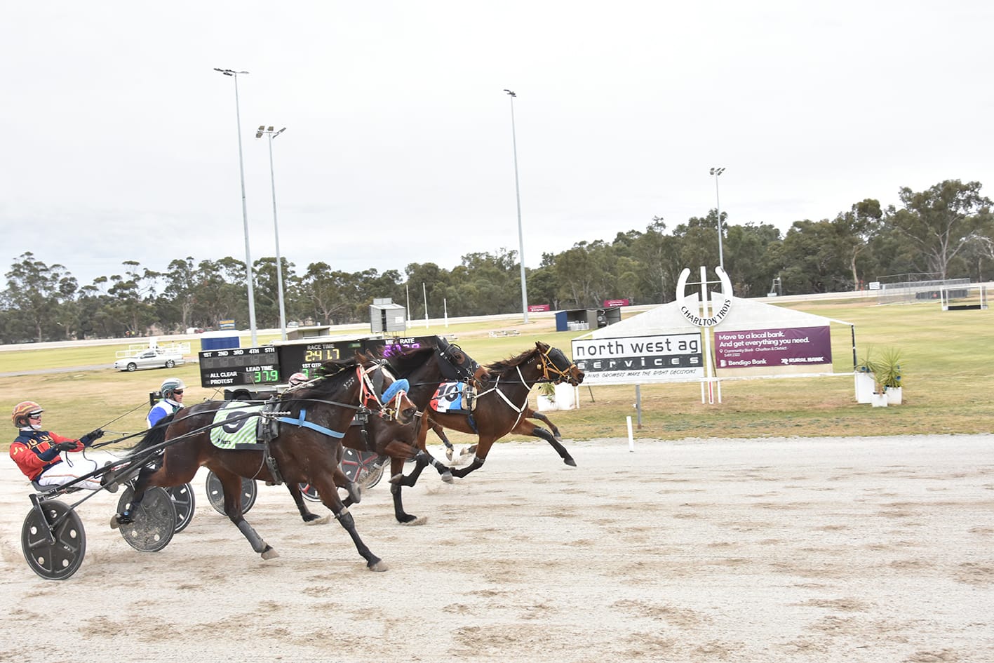 Best finish of the day, inside Macho Maori, driven by Michael Bellman, defeats outside Tetra, driven by James Herbertson, and middle Xiaobo, driven by David Murray. There is another horse hidden on the inside. Margin of 1-5 metres between them all.