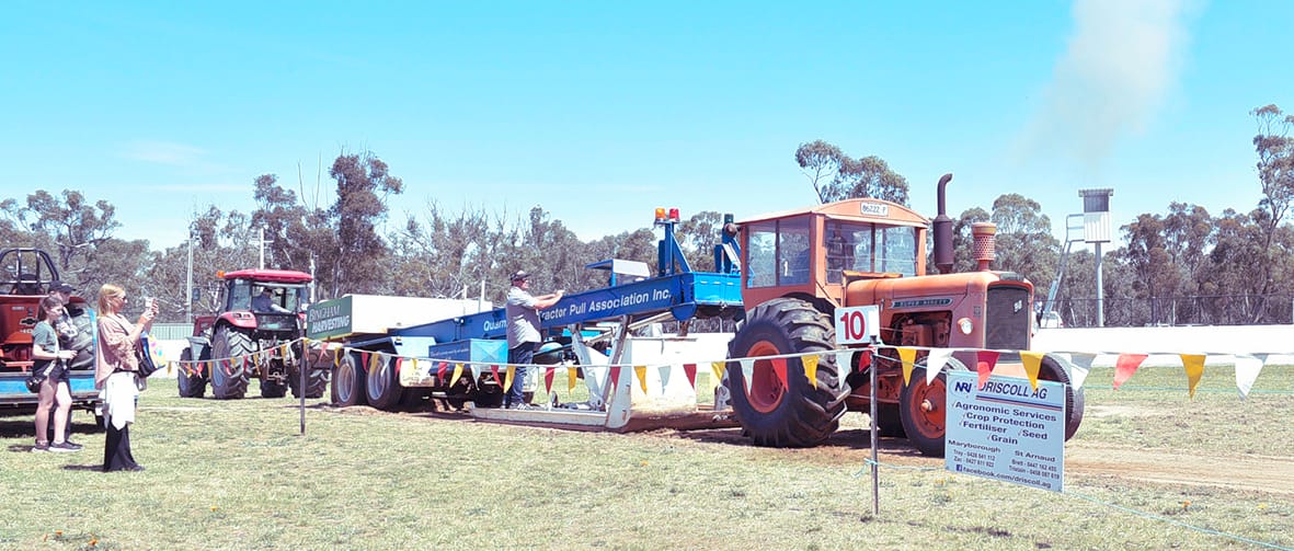 Darby Fitzpatrick revs the Super Ninety Chamberlain tractor as the heats of the popular event got underway at the show. A large crowd gathered to see the action unfold and cheer on the competitors.