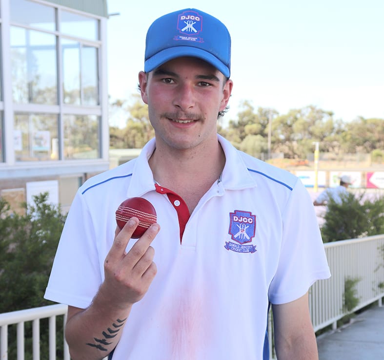 Following the morning’s tribute to his grandfather at the stadium overlooking the main oval, Jett Adams swapped to the George Cartwright oval, where he starred with great bowling figures of 5 for 37 for the Donald-Jeffcott team. (Photo by Amanda Casey).