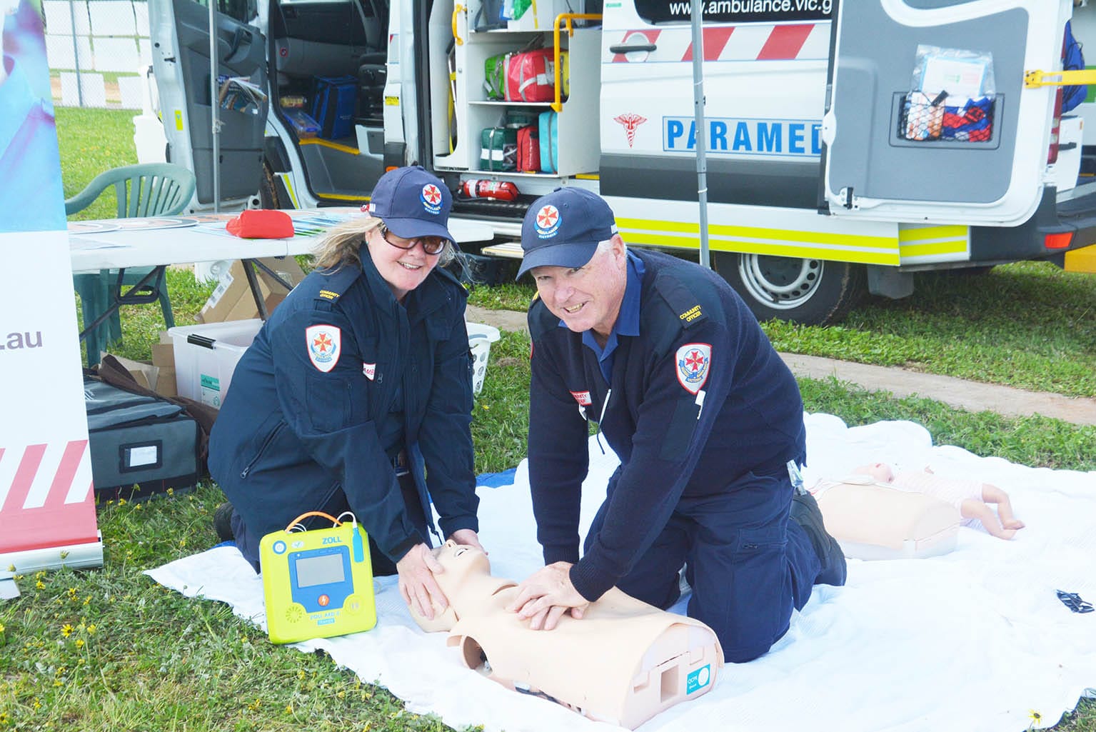 Community Ambulance Officers, Sue Nunn (left) and Greg Egan, demonstrating CPR at the Ambulance Information Centre. The volunteers were also promoting the GoodSAM Responder app, which is a free, global, smartphone app that alerts registered Responders when someone nearby is in cardiac arrest. Ambulance Victoria introduced the GOODSam app in Victoria in 2018, initially piloted by health professionals and first-aid trained colleages from partner organisations. The program has been expanded to include a diverse community of registered Responders, who are willing and able to provide CPR, and are familiar with the use of an AED.