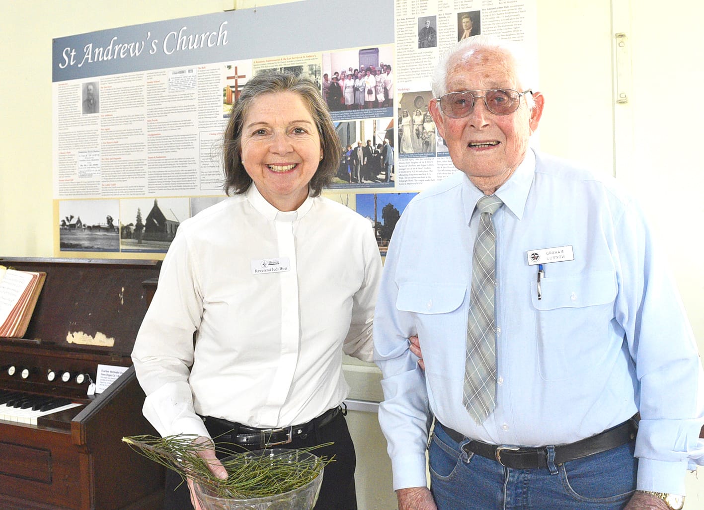 Reverend Judi Bird, who formally dedicated the opening of the Chapel is pictured with Uniting Church member, Graham Curnow who earlier shared his memories of the building’s connection with Church activities.