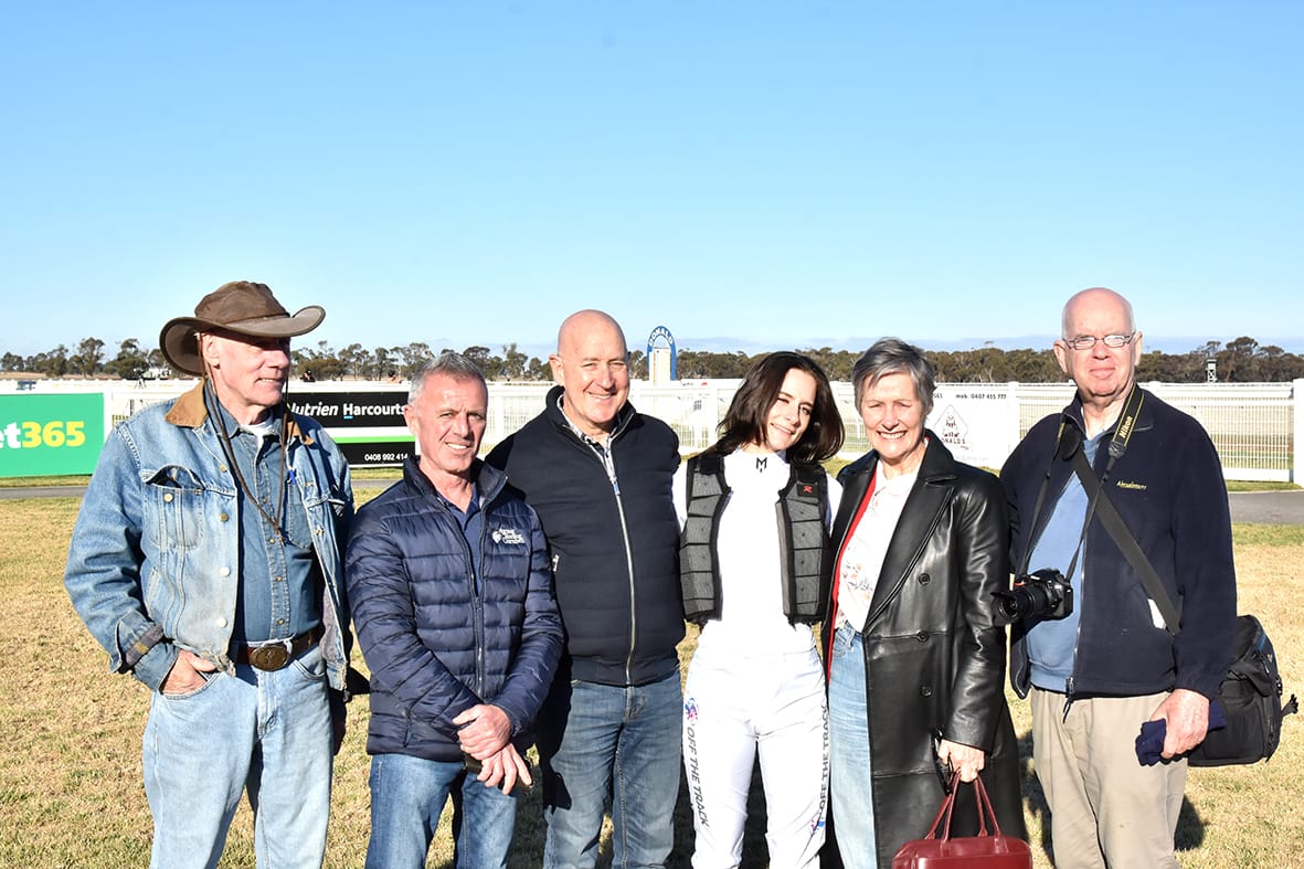 Apprentice jockey Ruby Lamont’s first race ride at Donald attracted some solid trackside support from her family: left to right, Paul Anglis (uncle/godfather), Darren Gauci (Racing Victoria apprentice jockey coach), Philip Lamont (proud father), Ruby Lamont (apprentice jockey after taking third place on Cheeky Blinders in the seventh race), Marg Anglis (proud mother), Ian Lamont (uncle).
