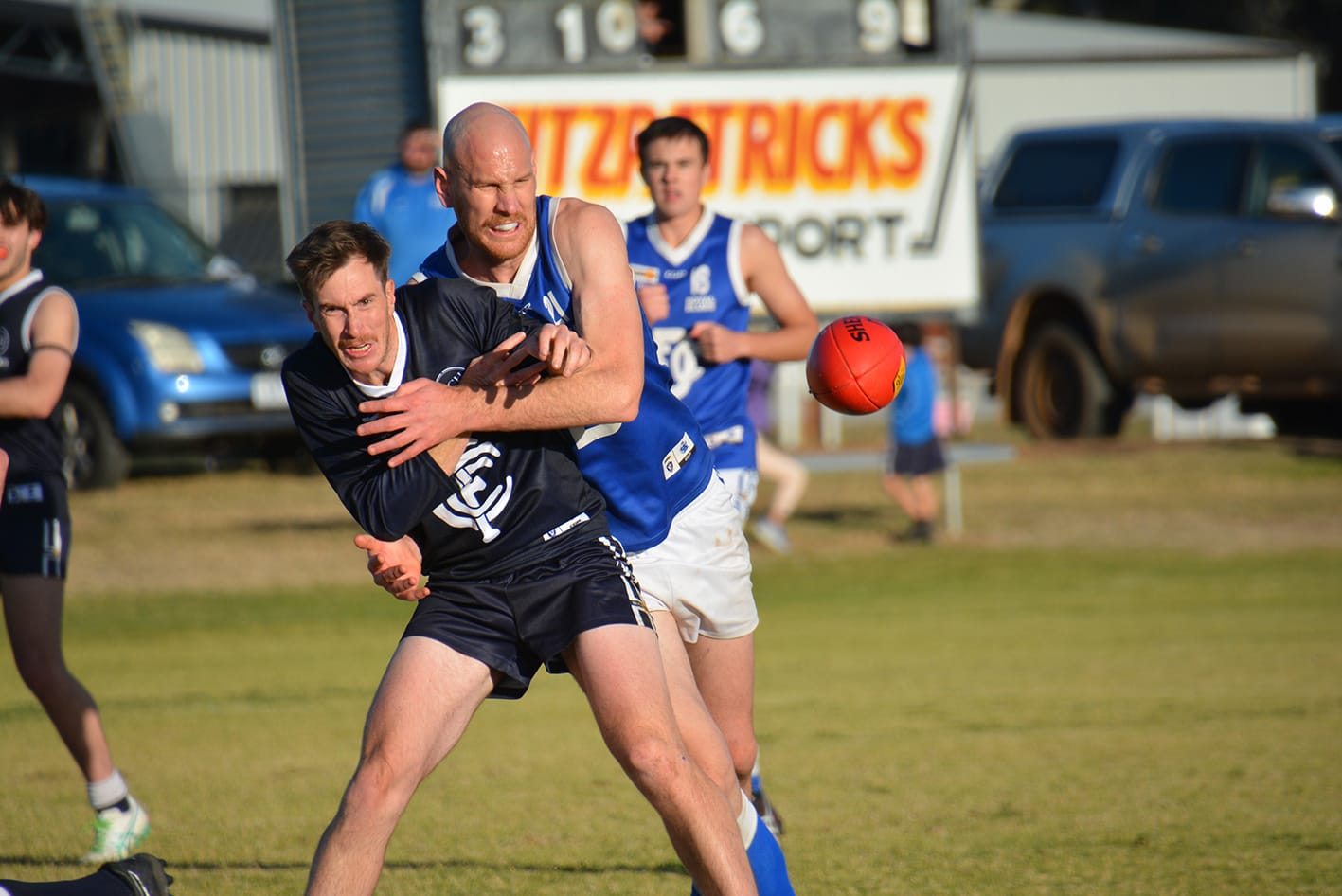 Battling for the ball are Charlton’s Joe Tormey and Donald’s Andrew Browne, named as best afield.